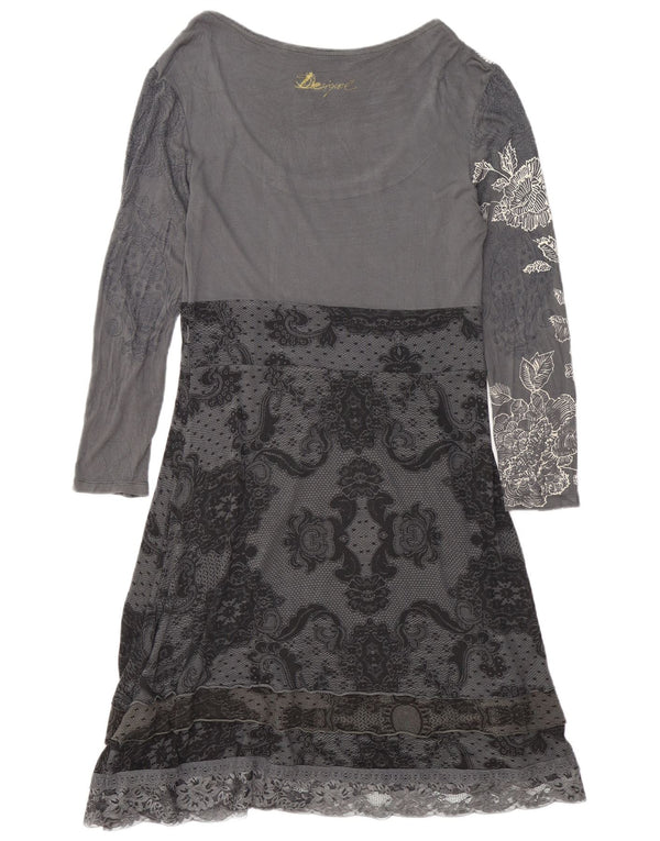 DESIGUAL Womens Long Sleeve A-Line Dress UK 18 XL Grey Floral Viscose
