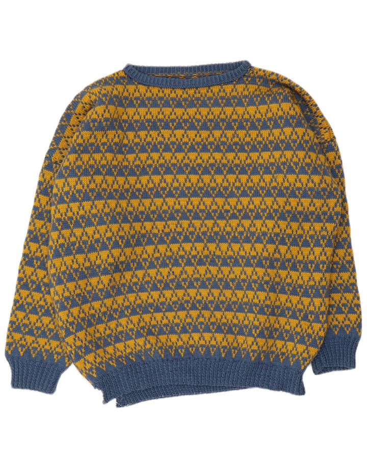 Maglione vintage da uomo con scollo a barca, grande blu geometrico
