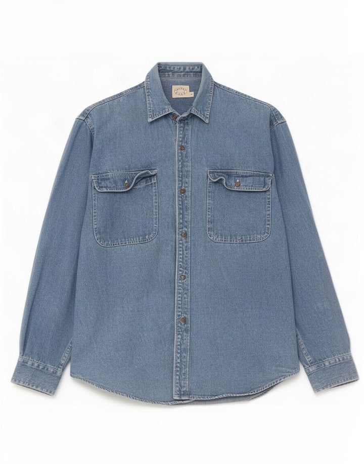Camicia di jeans vintage da uomo vestibilità regolare piccola in cotone blu
