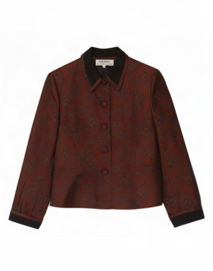Giacca blazer vintage da donna a 5 bottoni UK 10 piccola lana floreale marrone