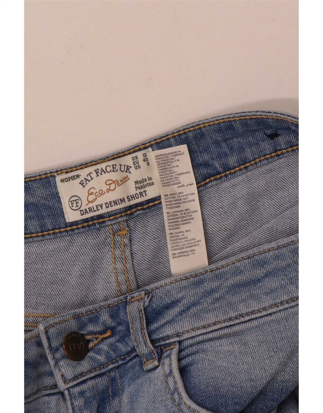 Pantaloncini in denim invecchiato da donna Fat Face UK 12 medio W30 cotone blu