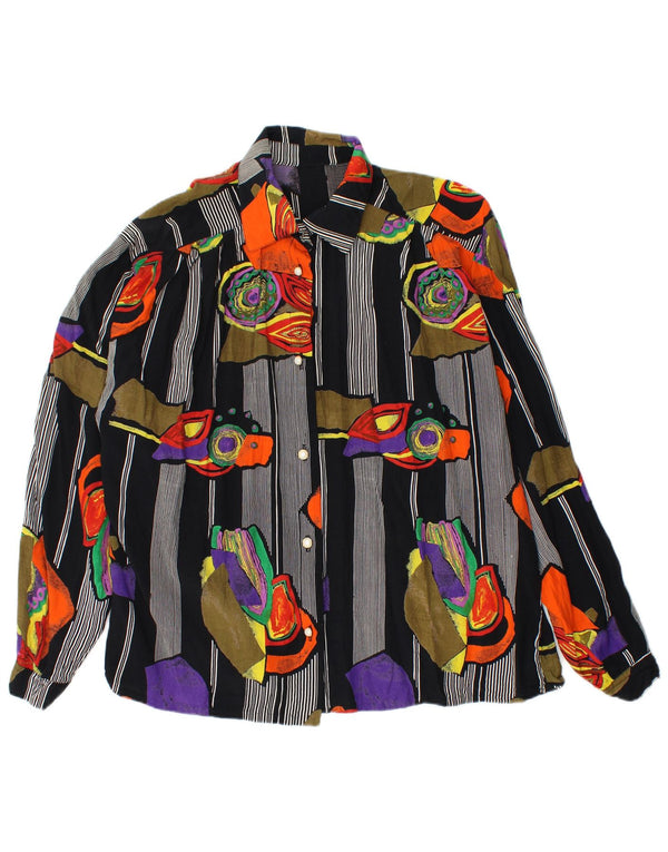 Camicetta grafica da donna vintage UK 16 grande viscosa a righe nere