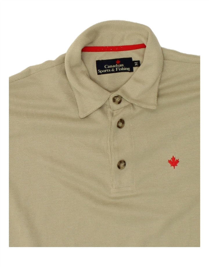 CANADIAN Mens Long Sleeve Polo Shirt Medium Beige Polyester Vintage Canadian and Second-Hand Canadian from Messina Hembry 