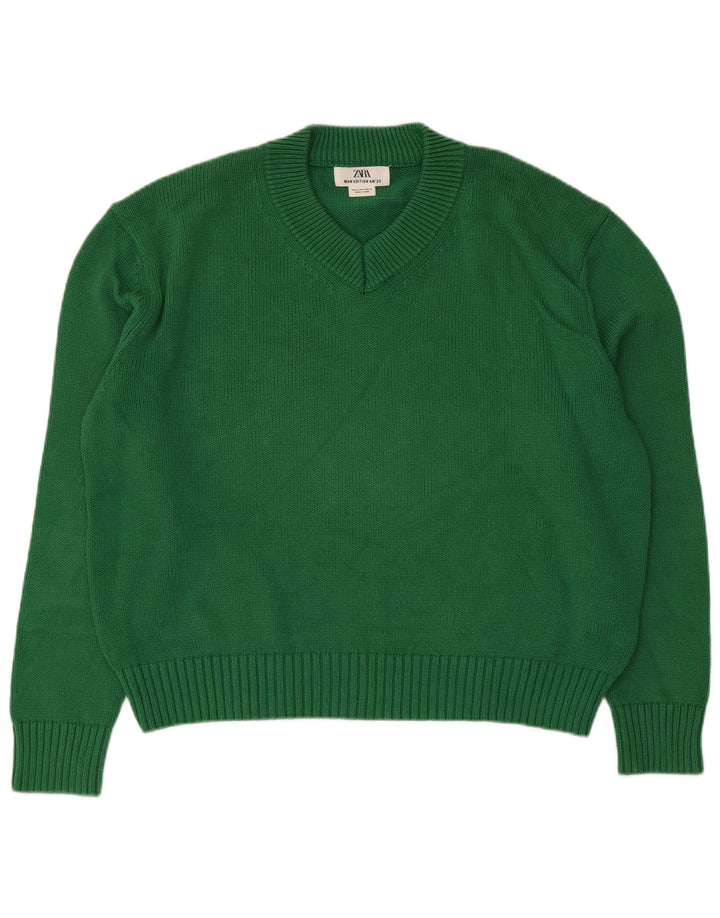 Maglione oversize con scollo a V da donna Zara UK 14 Cotone verde medio