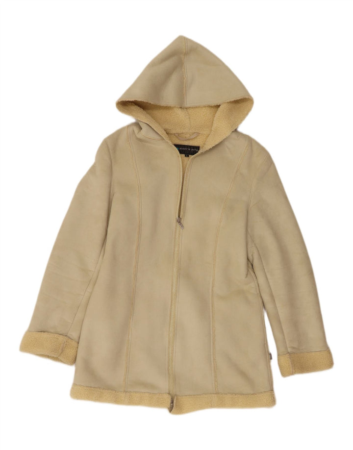 Giacca sherpa con cappuccio da donna vintage UK 14 grande poliestere beige
