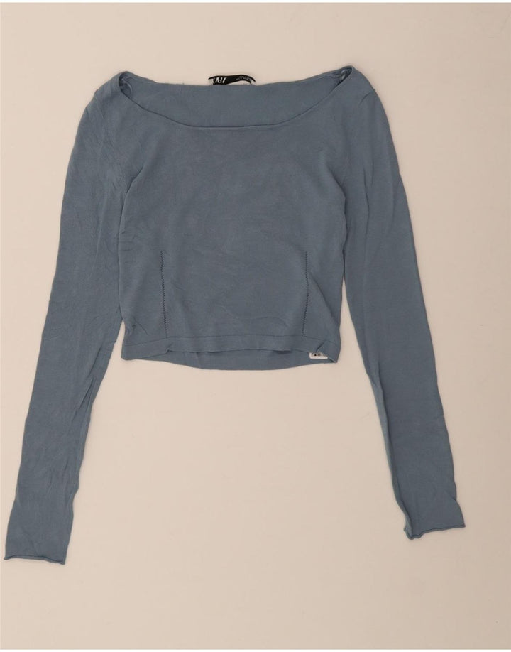 Top corto da donna con spalle scoperte Zara UK 12 viscosa blu medio