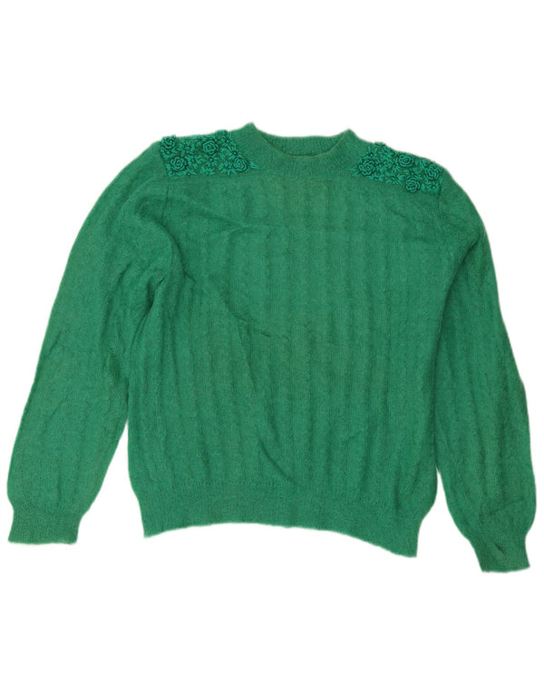 Maglione maglione girocollo da donna vintage UK 14 grande verde floreale