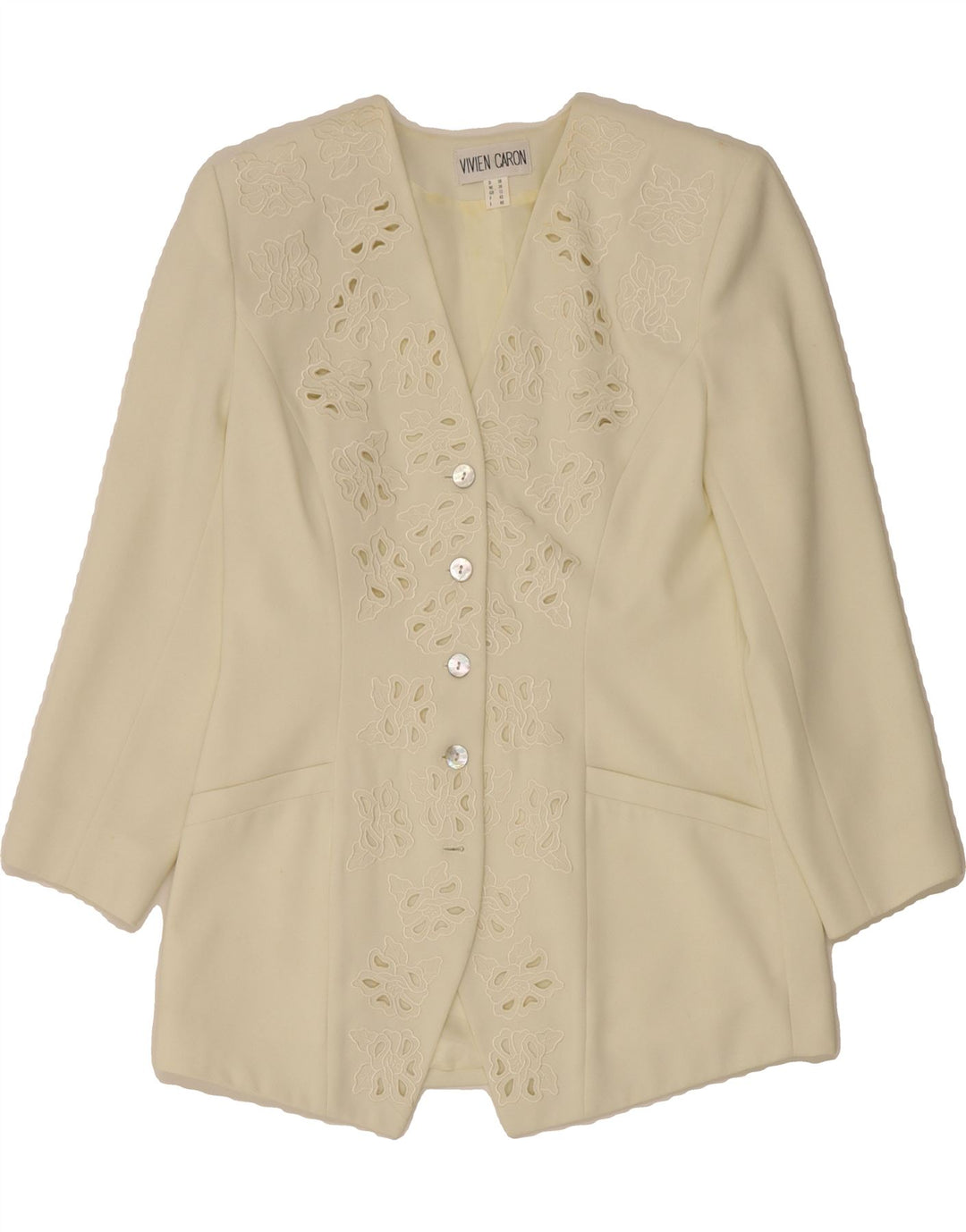 VIVIEN CARON Womens 4 Button Blazer Jacket UK 12 Medium Off White Floral Vintage Vivien Caron and Second-Hand Vivien Caron from Messina Hembry 