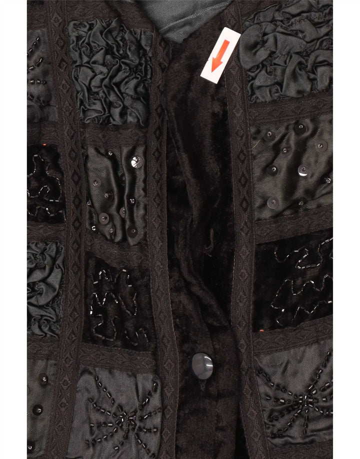 Giacca Bolero vintage da donna in velluto UK 12 Patchwork medio nero