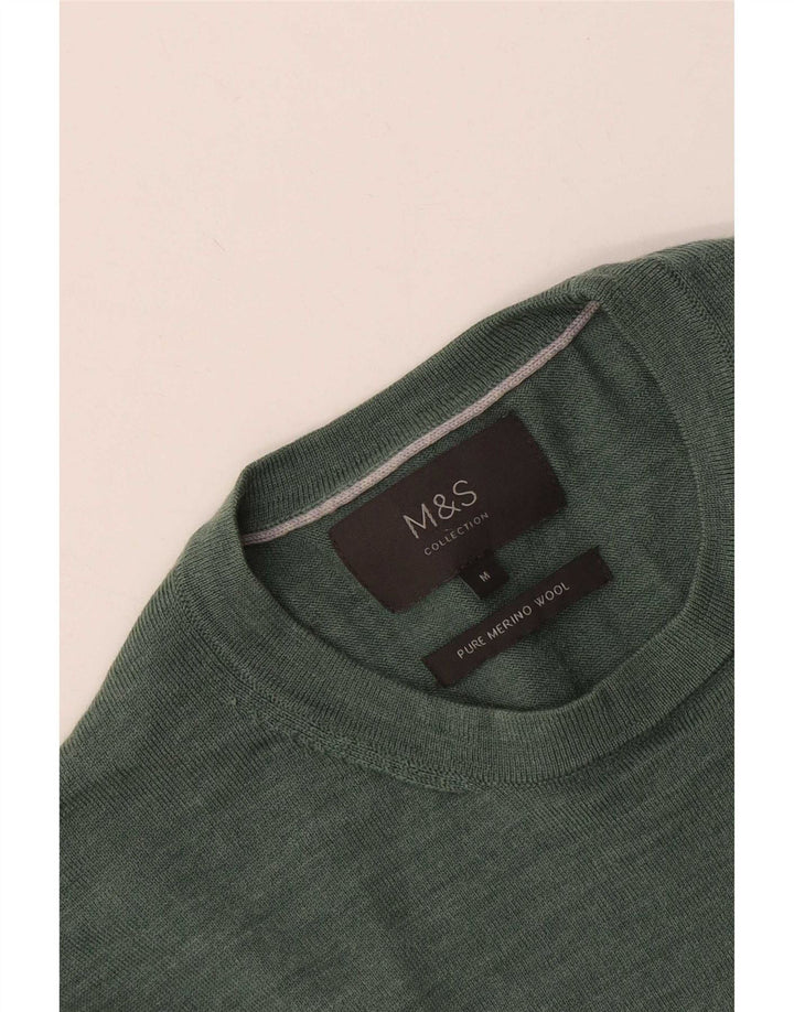 Maglione maglione girocollo da uomo Marks & Spencer verde medio in lana merino