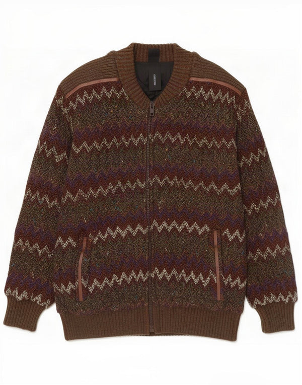 Giubbotto bomber vintage da uomo lavorato a maglia UK 42 XL Marrone Chevron