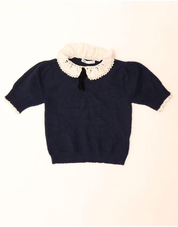 Top corto in maglia da donna Zara UK 12 poliestere blu navy medio