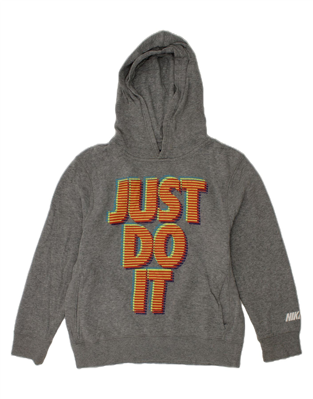 NIKE Boys Graphic Hoodie Jumper 10-11 Years Medium Grey Cotton Vintage Nike and Second-Hand Nike from Messina Hembry 