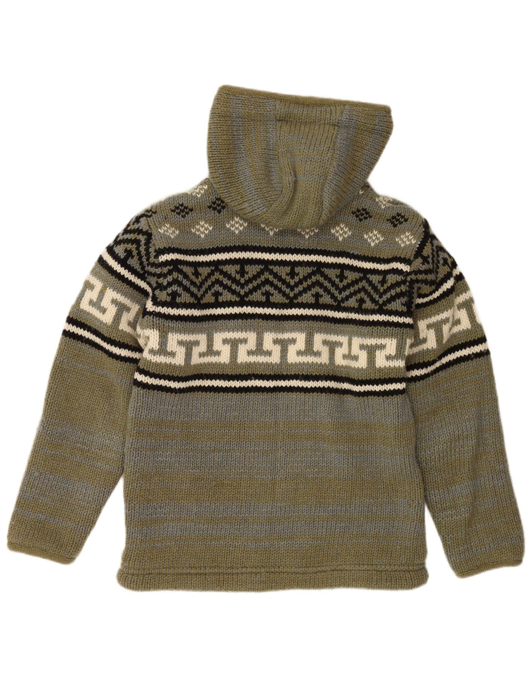 Maglione cardigan con cappuccio da uomo VINTAGE lana Fair Isle color kaki medio