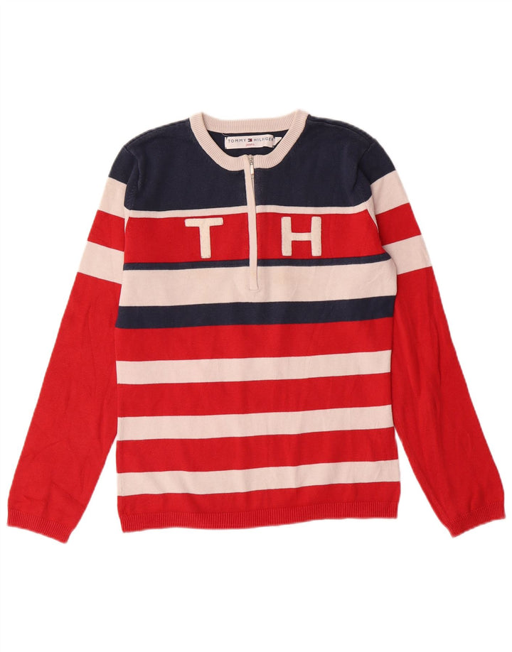 TOMMY HILFIGER Maglione da donna con collo con zip UK 12 a righe rosse medie