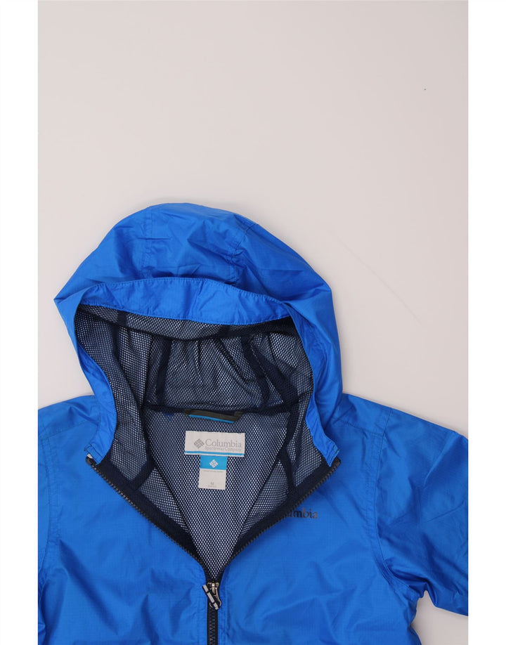 COLUMBIA Boys Hooded Rain Jacket 10-11 Years Medium Blue Colourblock Nylon Vintage Columbia and Second-Hand Columbia from Messina Hembry 