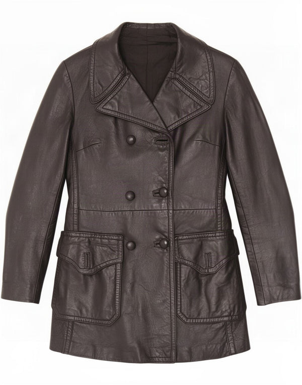 Giacca in pelle doppiopetto vintage da donna UK 8 piccola nera