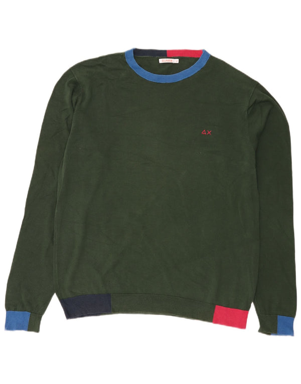 Sun68 Mens Boat Neck Jumper Sweater XL Green Colourblock Cotton