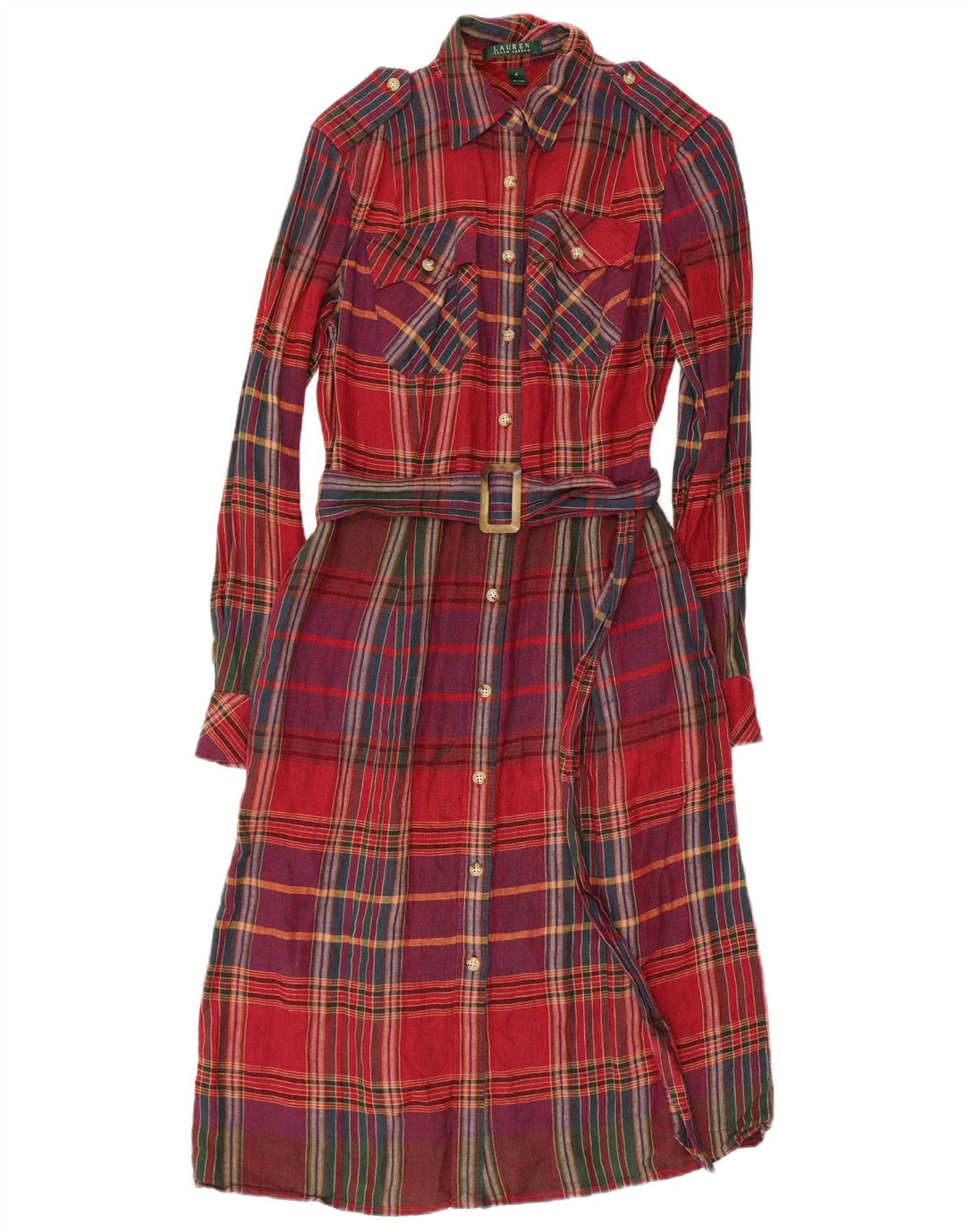 Abito camicia militare da donna RALPH LAUREN US 4 piccolo lino a quadri rossi