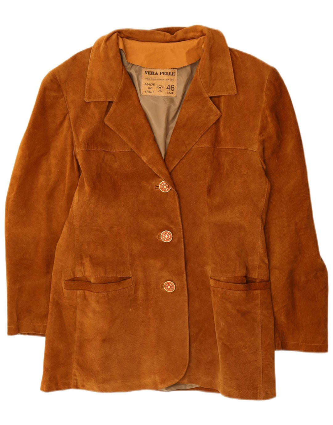 Giacca blazer da donna in pelle scamosciata a 3 bottoni VINTAGE IT 46 grande in pelle marrone