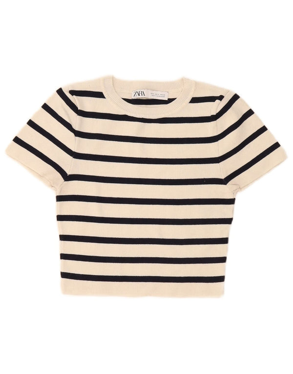 T-shirt corta da donna Zara Top UK 8 piccola in viscosa a righe bianco sporco