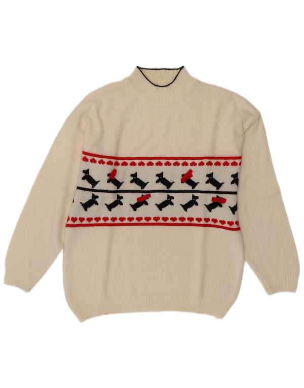 Maglione maglione collo alto da donna VINTAGE UK 16 Large White Fair Isle