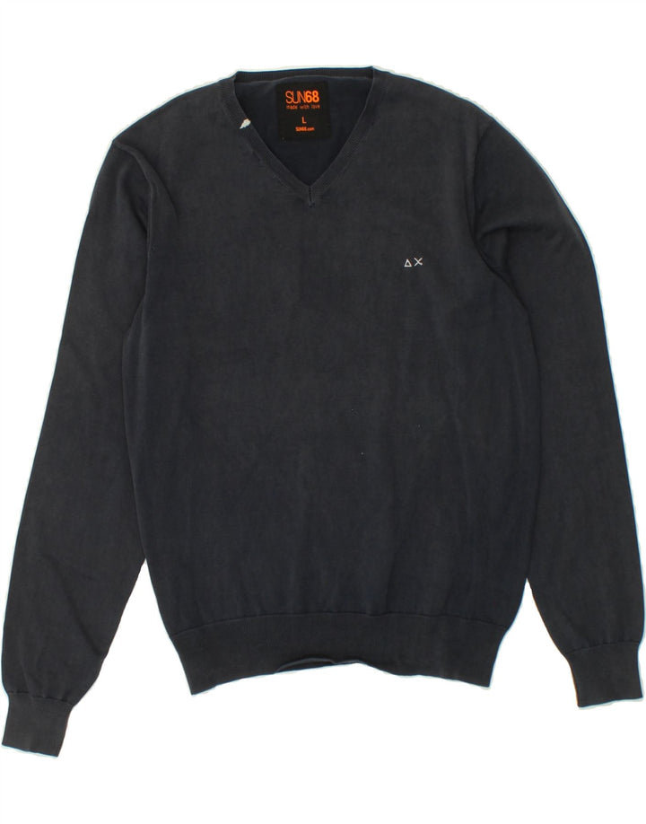 SUN68 Mens V-Neck Jumper Sweater Large Navy Blue Cotton Vintage Sun68 and Second-Hand Sun68 from Messina Hembry 