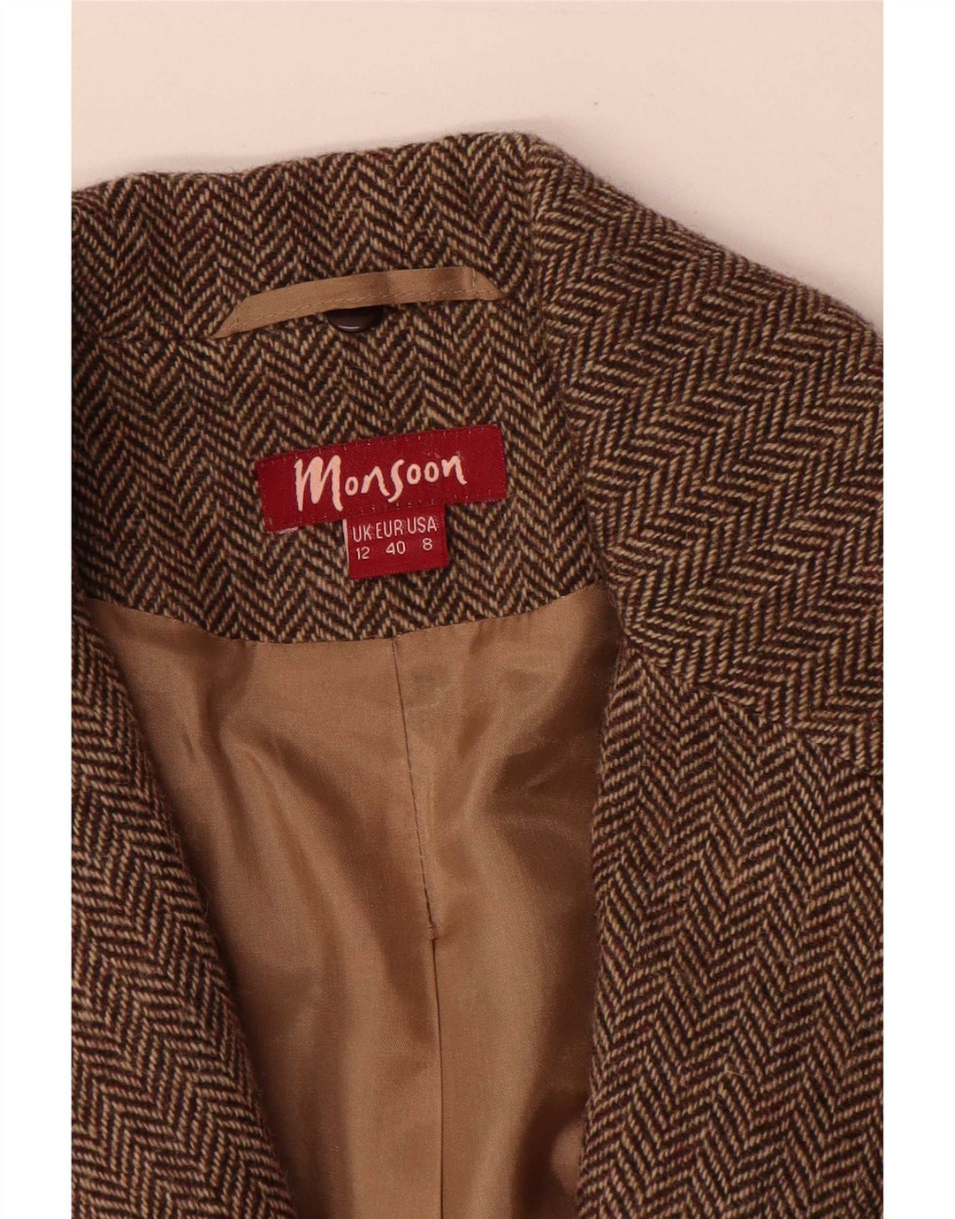 Giacca blazer da donna a 2 bottoni Monsoon UK 12 Lana a spina di pesce marrone medio