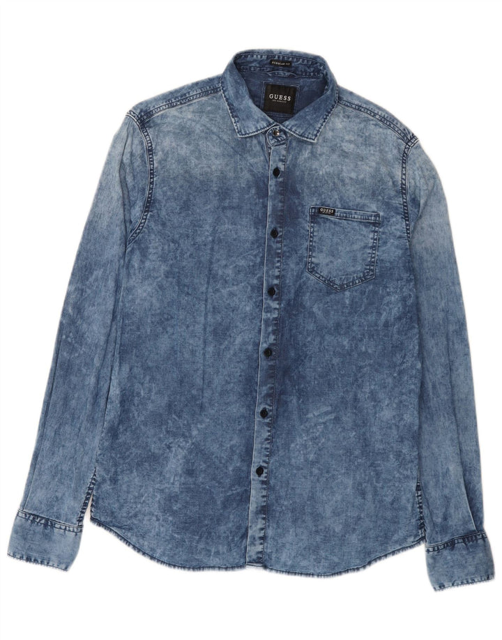 Guess Camicia in denim da uomo, vestibilità regolare, lavaggio acido, cotone blu medio