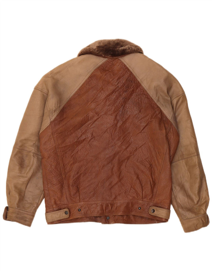 Giacca in pelle vintage da uomo IT 50 grande in pelle color block marrone