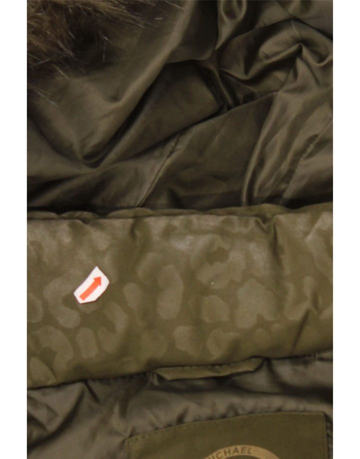 MICHAEL KORS Cappotto imbottito con cappuccio da donna UK 14 Stampa animalier kaki medio