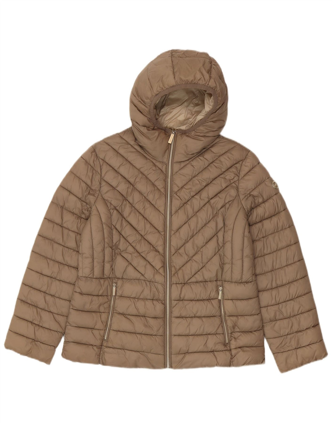 Giacca imbottita con cappuccio da donna Michael Kors UK 16 grande nylon marrone