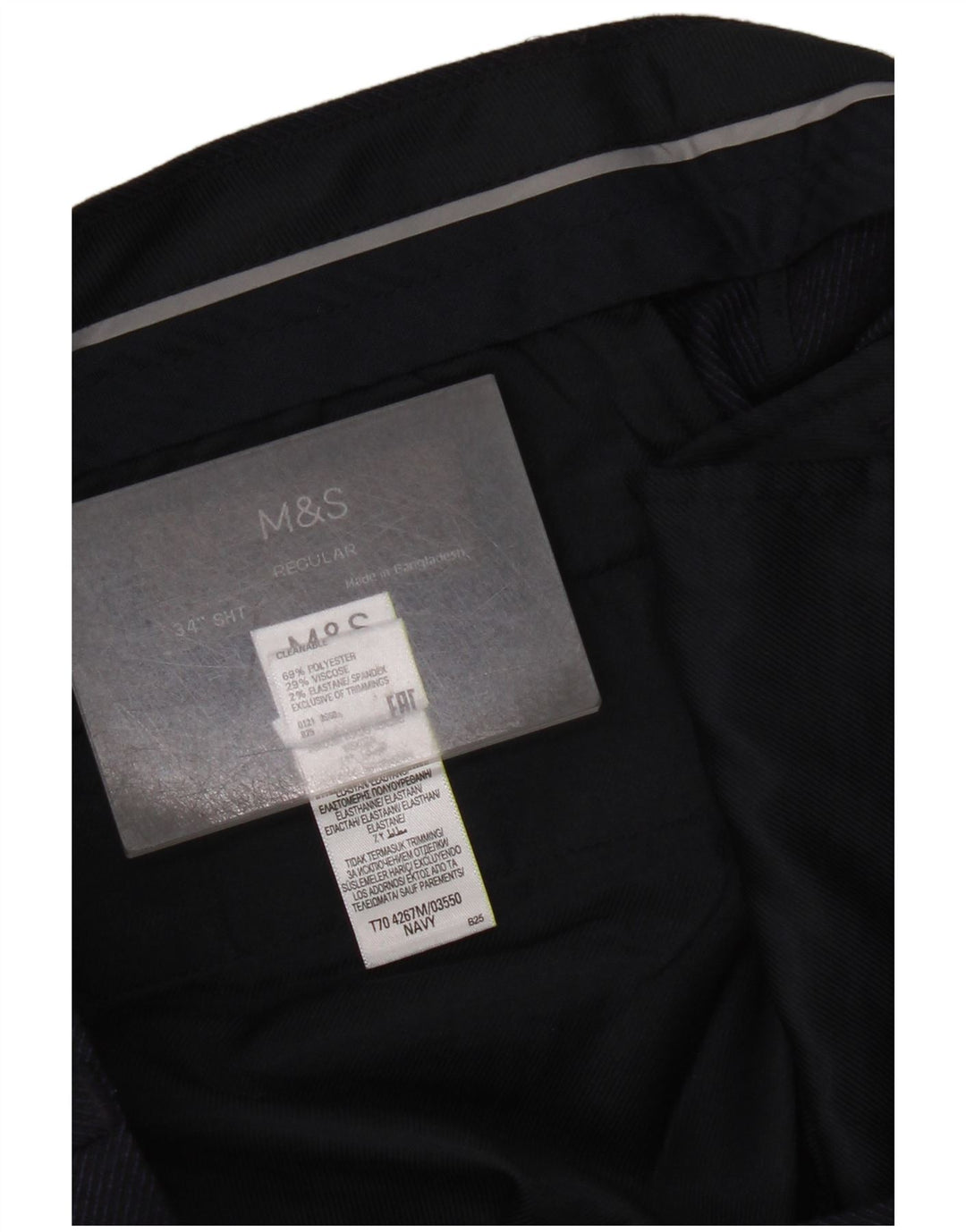 Pantaloni da abito dritti da uomo Marks & Spencer W34 L29 poliestere blu navy