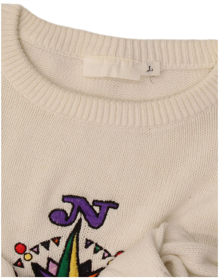 Maglione girocollo oversize con grafica vintage da donna UK 16 grande bianco