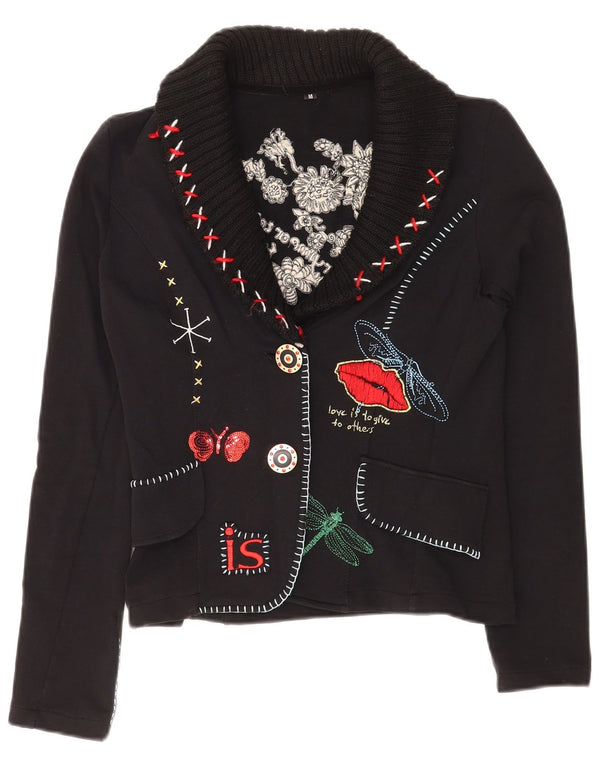 Giacca blazer vintage da donna con grafica a 2 bottoni UK 12 medio nero floreale