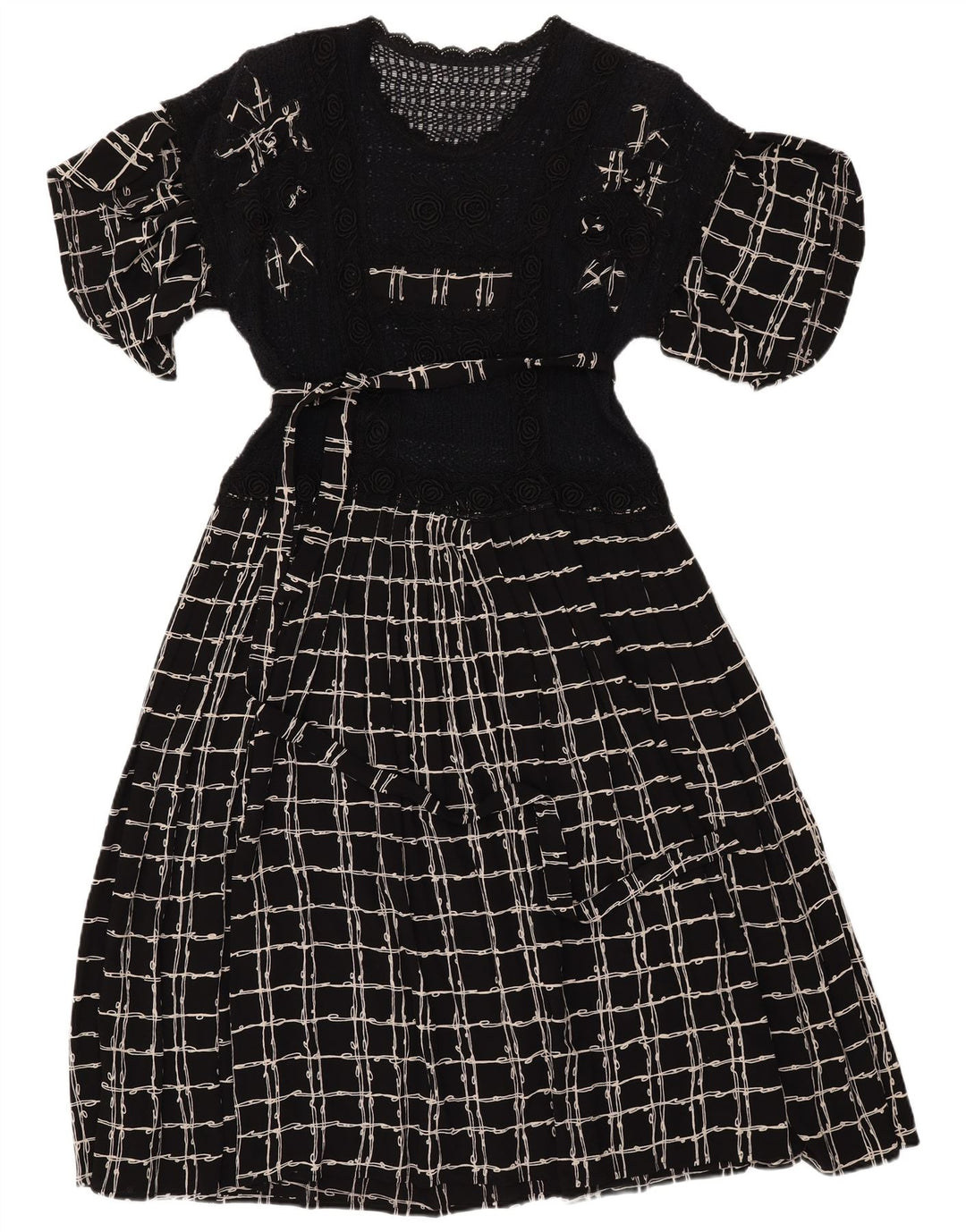 Abito lungo da donna all'uncinetto VINTAGE UK 12 medio nero a quadri