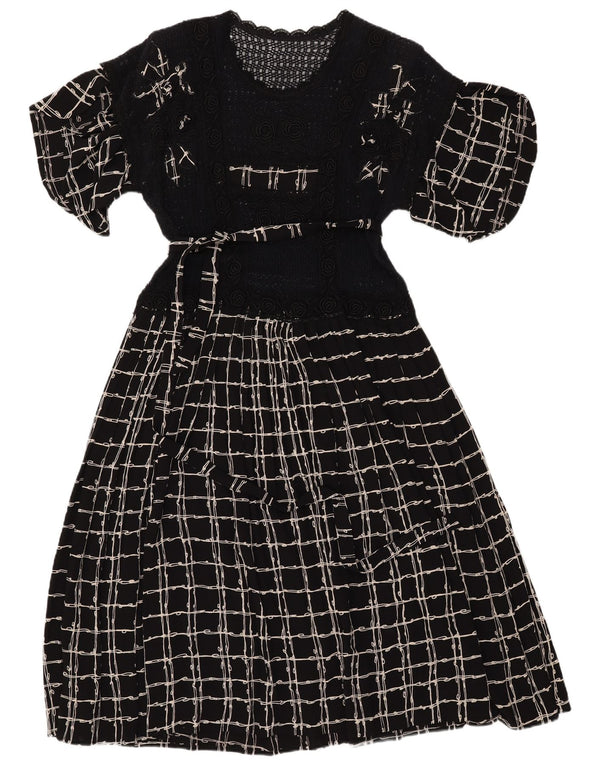 Abito lungo da donna all'uncinetto VINTAGE UK 12 medio nero a quadri
