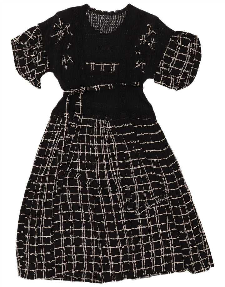 Abito lungo da donna all'uncinetto VINTAGE UK 12 medio nero a quadri