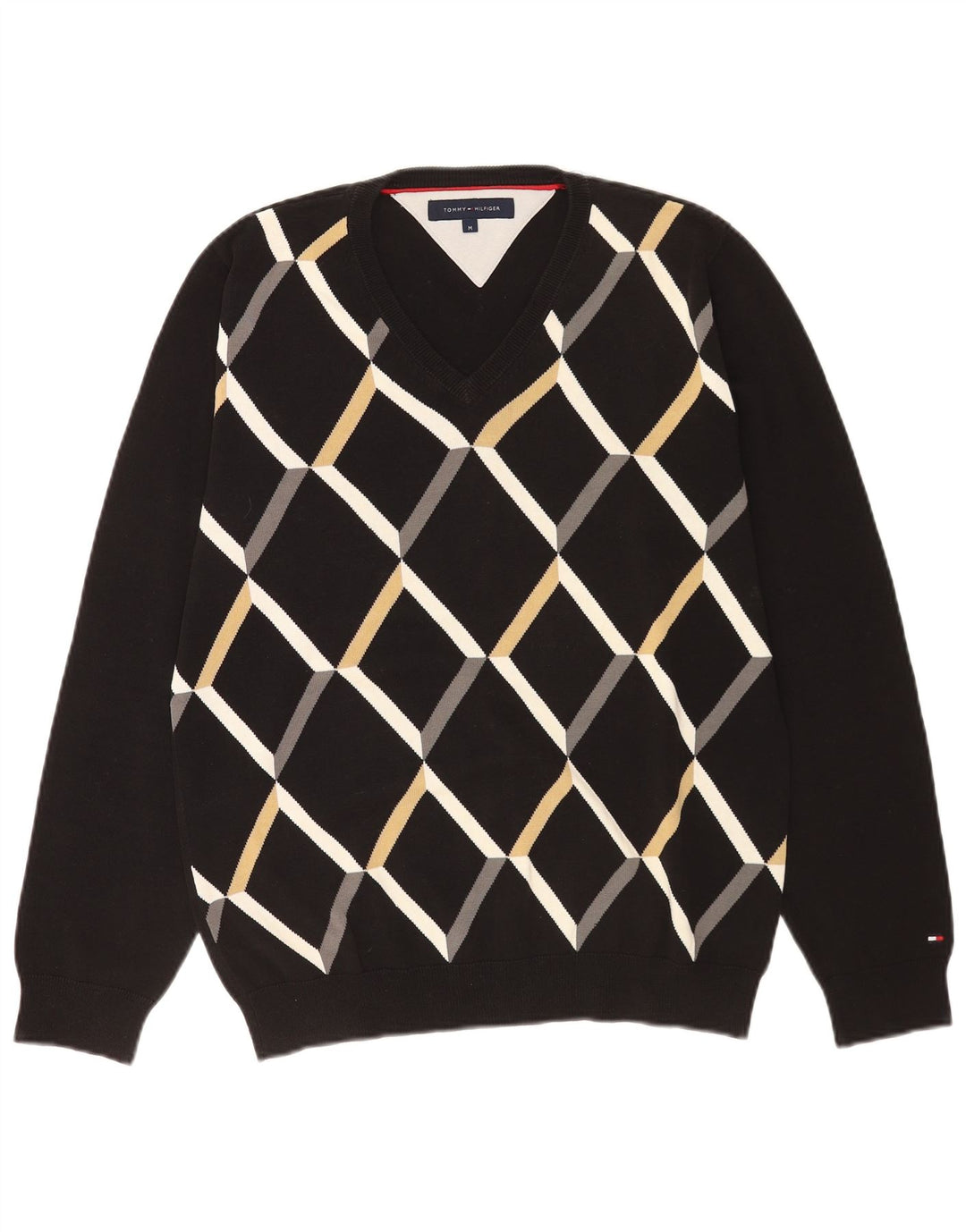 Maglione maglione con scollo a V da uomo Tommy Hilfiger medio nero a rombi/diamante