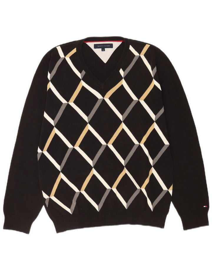 Maglione maglione con scollo a V da uomo Tommy Hilfiger medio nero a rombi/diamante