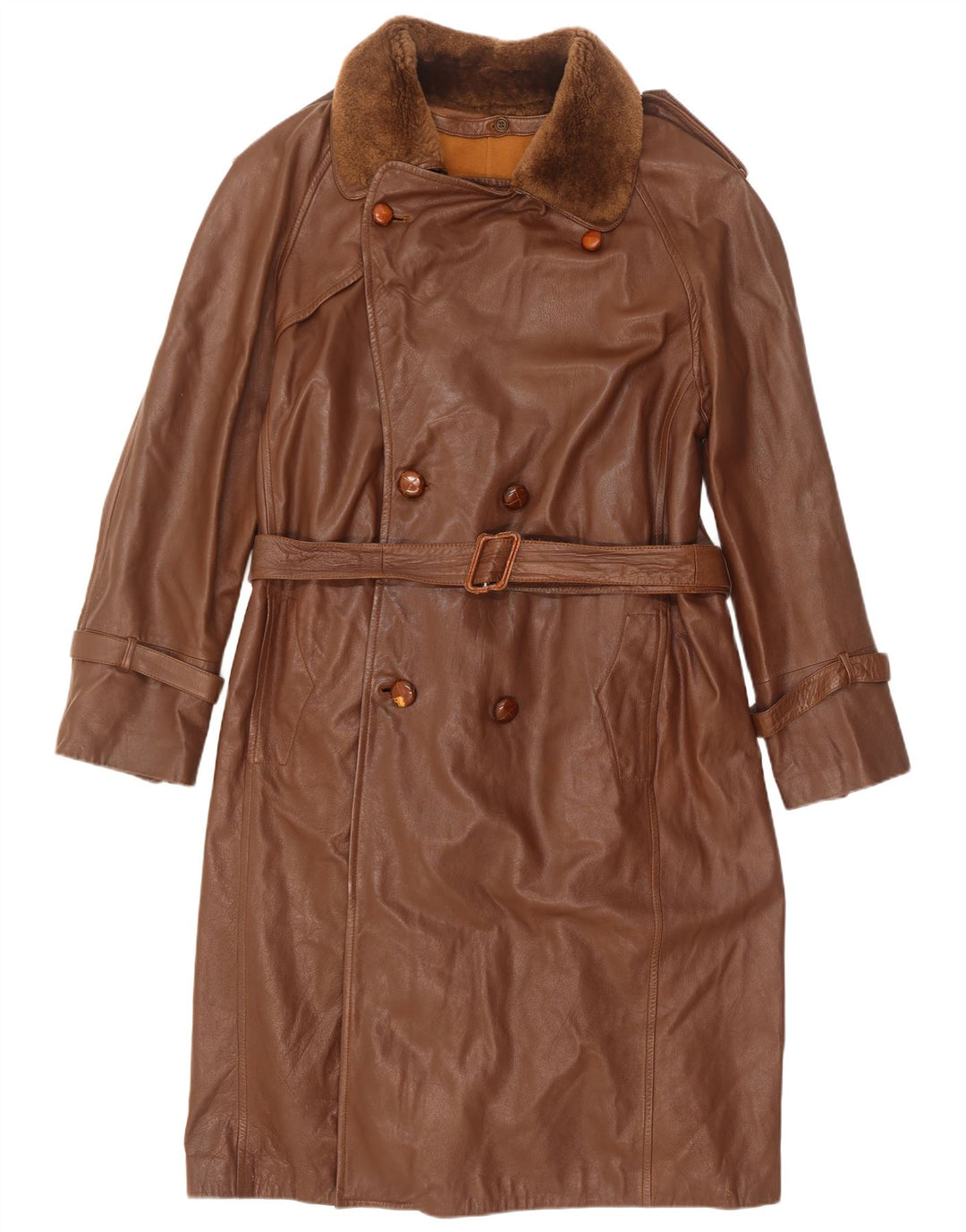 Cappotto in pelle militare doppiopetto vintage da uomo IT 50 grande marrone