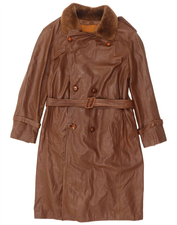 Cappotto in pelle militare doppiopetto vintage da uomo IT 50 grande marrone