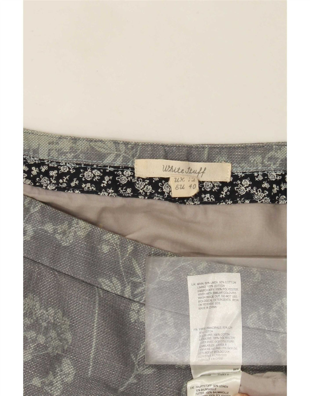 Gonna longuette da donna White Stuff UK 12 Media W32 Lino floreale grigio