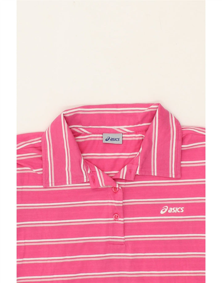 ASICS Womens Polo Shirt UK 12 Medium Pink Striped Vintage Asics and Second-Hand Asics from Messina Hembry 