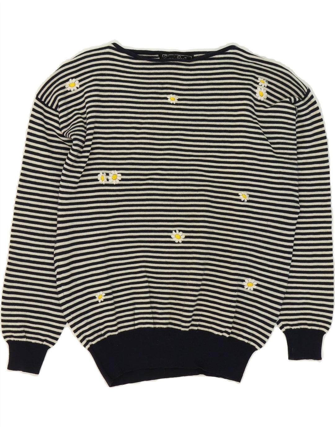 VINTAGE Womens Boat Neck Jumper Sweater IT 44 Medium Black Pinstripe Wool Vintage Vintage and Second-Hand Vintage from Messina Hembry 