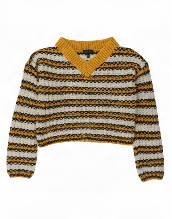 Topshop Maglione da donna con scollo a V corto UK 10 Piccolo a righe gialle