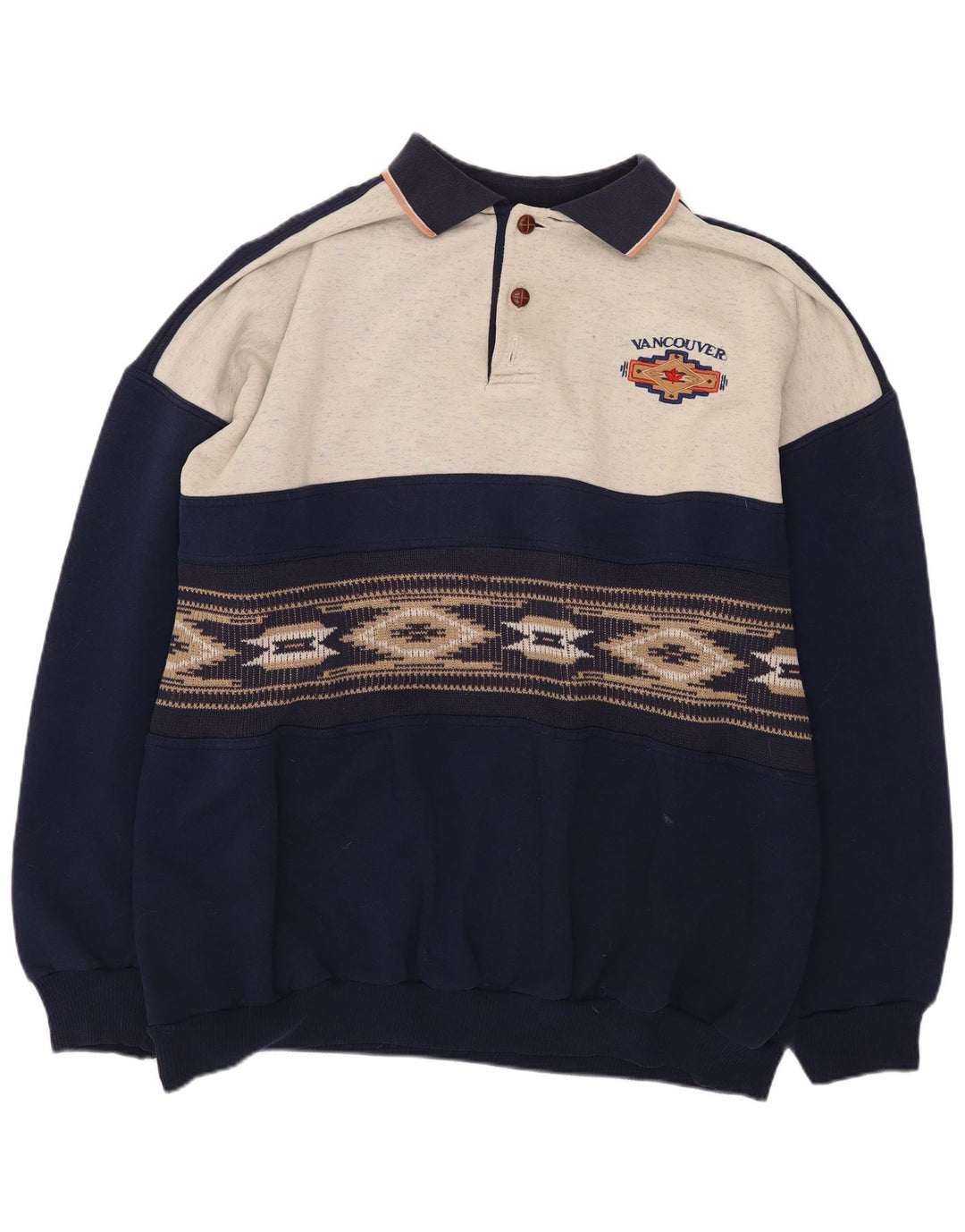 Felpa vintage da uomo con collo alto, maglione XL, poliestere color block blu navy