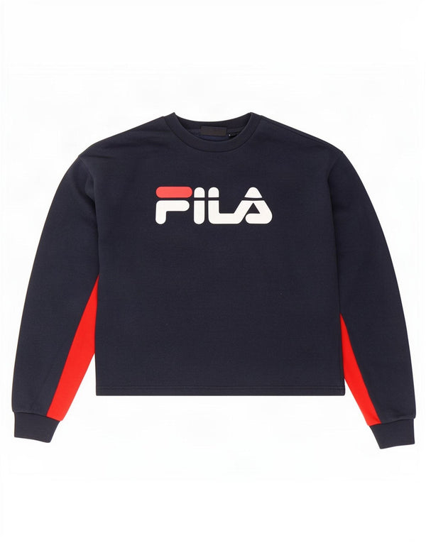 Fila Donna Crop Felpa Maglione UK 14 Medium Blu Navy Colourblock