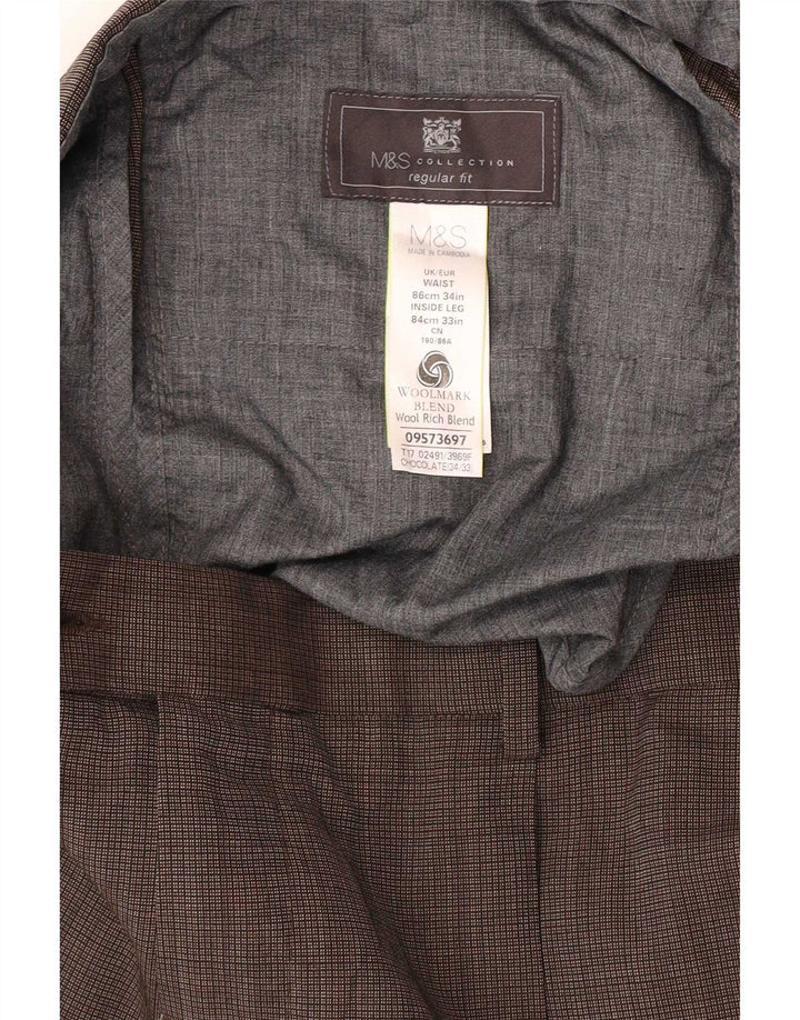Pantaloni da abito vestibilità regolare da uomo Marks & Spencer W34 L33 a quadri marroni