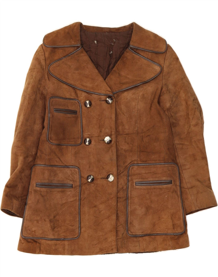 Giacca in pelle scamosciata doppio petto da donna VINTAGE UK 10 piccola marrone